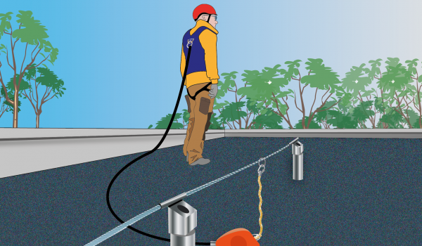 Illustration d'une personne avec ses équipements de protection individuelle contre les chutes de hauteur (harnais, ligne de vie...)